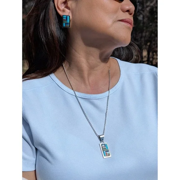Authentic Patricia Becenti Navajo Inlay Necklace & Earring Set Mosaic Jewelry**